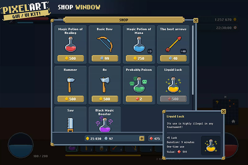unity2d像素UI界面素材Pixel Art Full GUI / UI Kit + 151 icons!