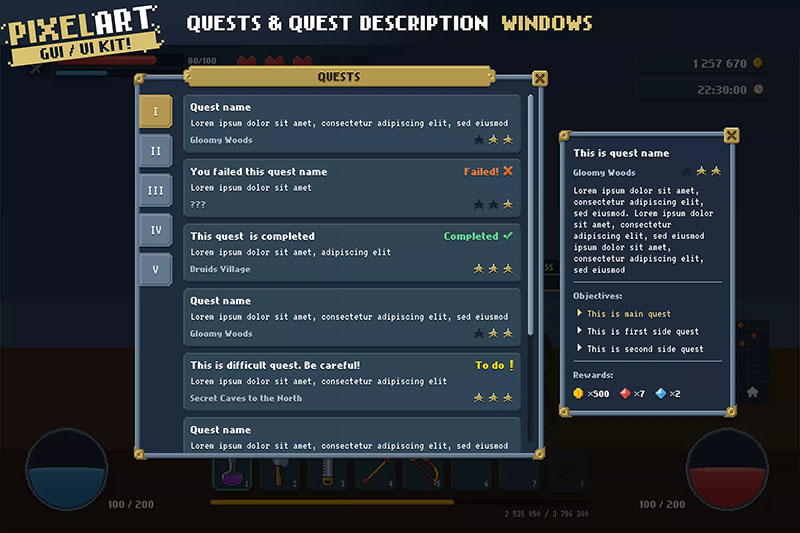 unity2d像素UI界面素材Pixel Art Full GUI / UI Kit + 151 icons!