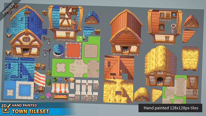 unity2d手绘城镇图块集游戏素材2D Hand Painted - Town Tileset v2